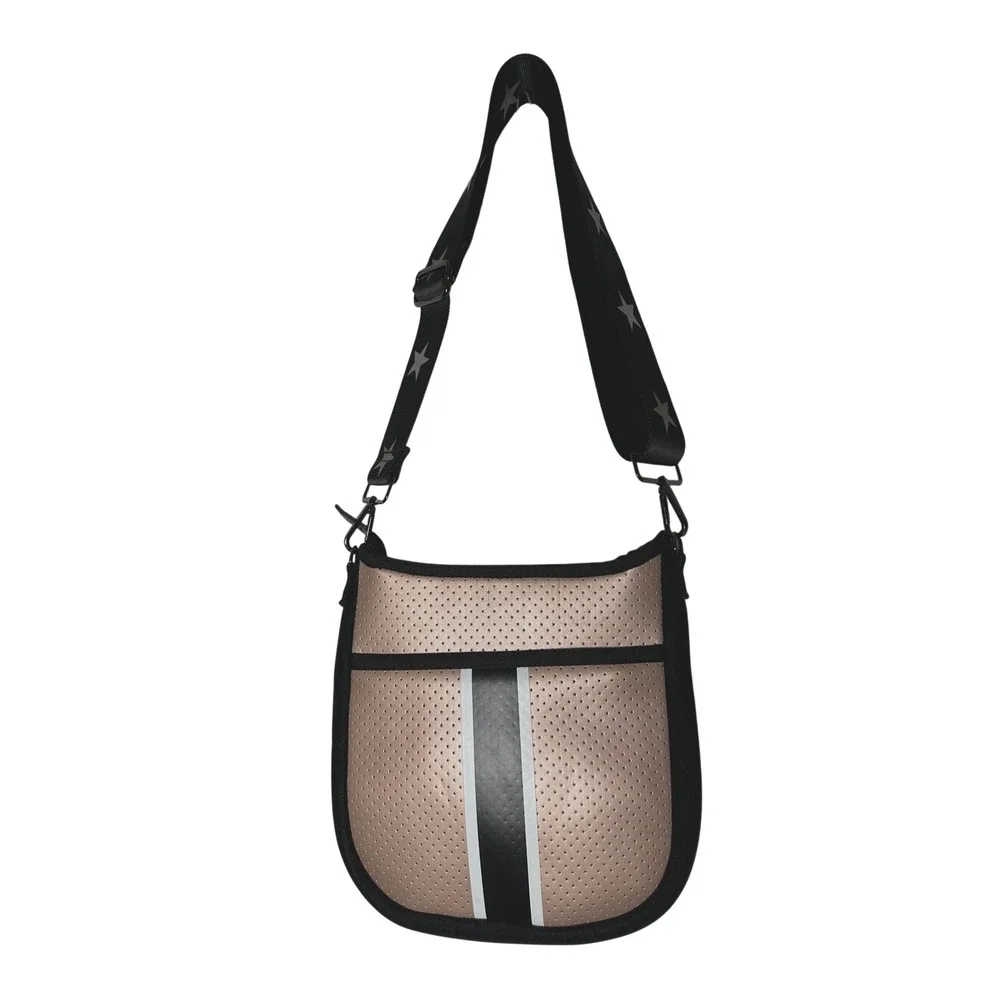 Haute Shore Greyson Neoprene Crossbody Bag Rose Gold Racing Stripe Star Strap